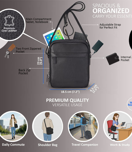 Genuine Leather Black Vintage Messenger Crossbody Travel Bag - Hawthrone