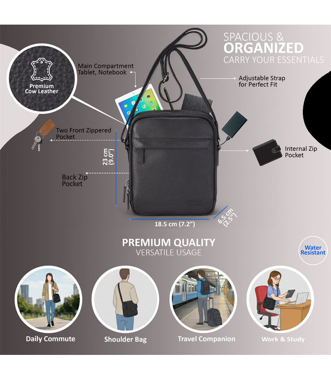 Genuine Leather Black Vintage Messenger Crossbody Travel Bag - Hawthrone