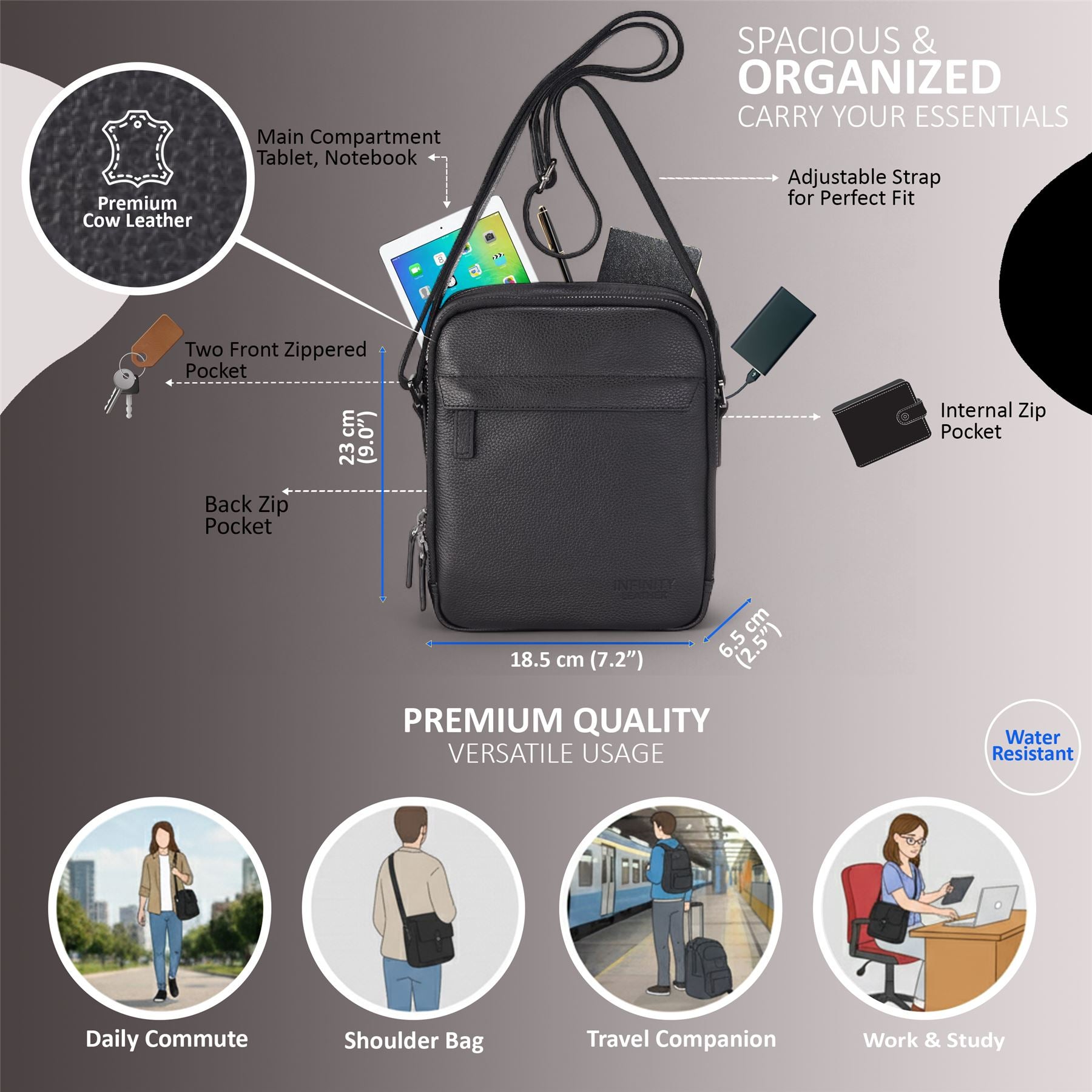 Genuine Leather Black Vintage Messenger Crossbody Travel Bag