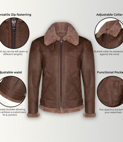 Mens B3 WW2 Sheepskin Leather Flying Aviator Jacket-Houston - Brown