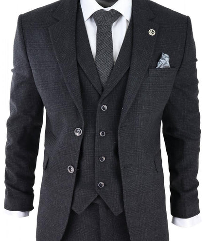 Mens Black 3 Piece Tweed Suit Peaky Blinders 1920s Gatsby Classic Tailored Fit