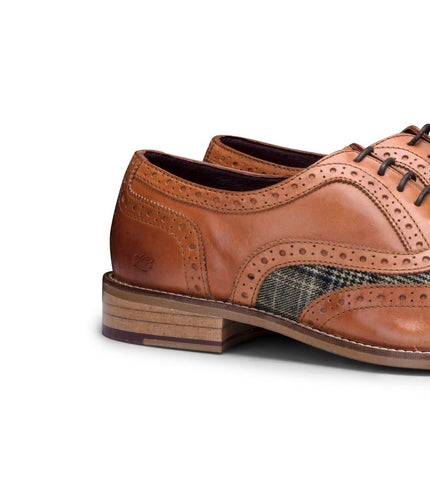 Mens Classic Oxford Tan Leather Gatsby Brogue Shoes With Tweed