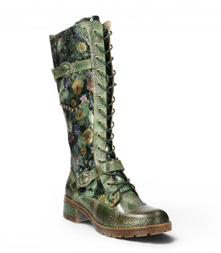Laura Vita Women's Victorian Floral Green Leather High Lace-Up Long Boots - Cocrailo-82