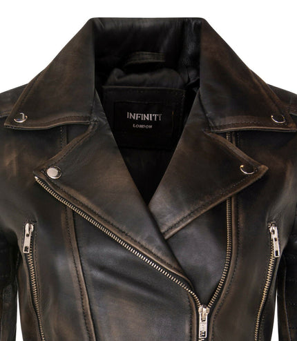 Womens Cropped Brando Leather Biker Jacket-Damascus - Vintage Black
