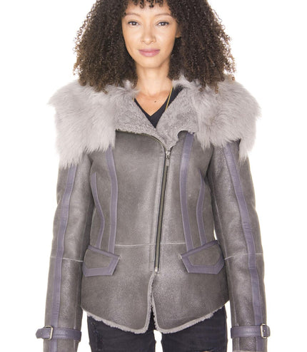 Womens Grey Toscana Shearling Flying Jacket-Teresina