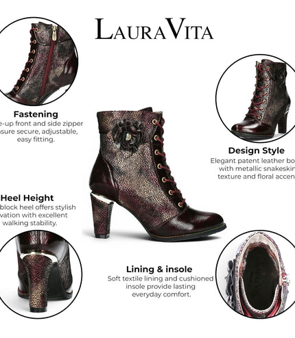 Laura Vita Women’s Wine Leather Floral Heeled Lace-Up Boots - Alcbaneo 173