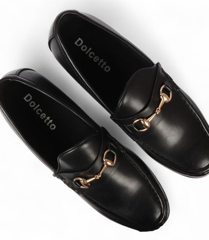 Men's Black Loafers with Gold Buckle Smart Slip-On Shoes