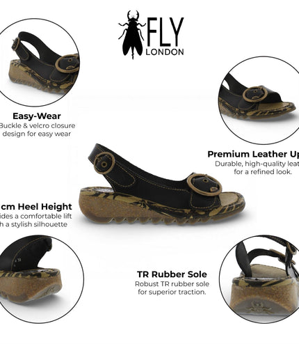 Fly London Women's TRAM723FLY Black Leather Wedge Sandals