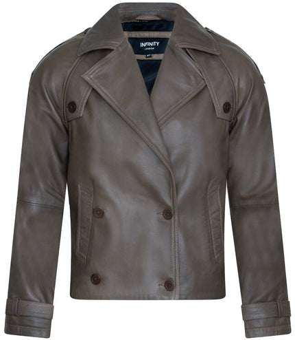 Womens Cropped Oversized Trench Leather Jacket - Canberra - Vintage Black