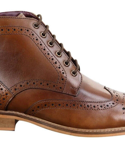 Mens Classic Oxford Brogue Ankle Boots In Tan Leather