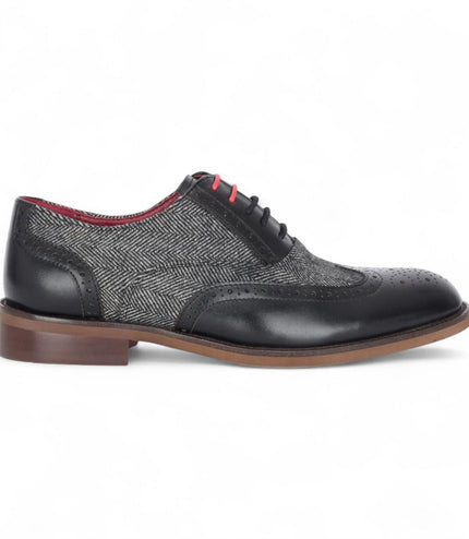 Justin Reess Men's Black Leather Tweed Brogue Shoes - Albert