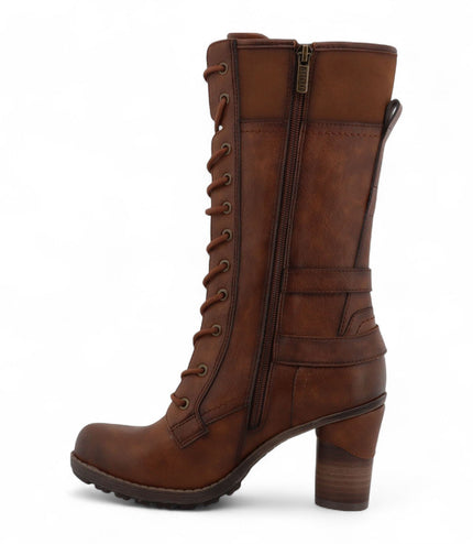 Mustang Women's Brown Mid-Calf Lace Up Heeled Combat Boots