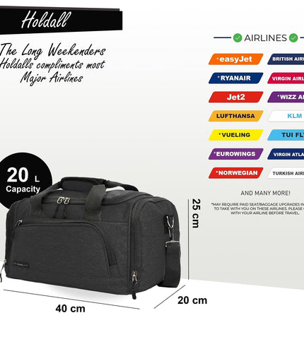 Holdall Carry On 40x 20 x25cm Under-seat Travel Duffel Bag for Ryanair, Easy Jet Black