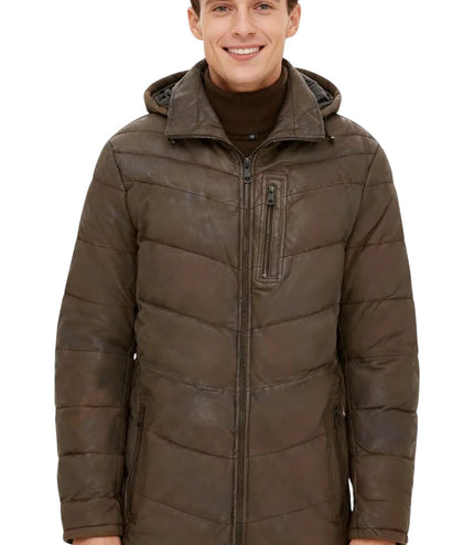 Men's Brown Leather Quilted Jacket Hooded Puffer Winter Coat - Olyic