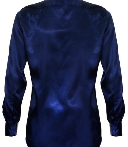 Mens Blue Satin Silk Shirt Smart Casual Button Down Cuff Tailored Fit