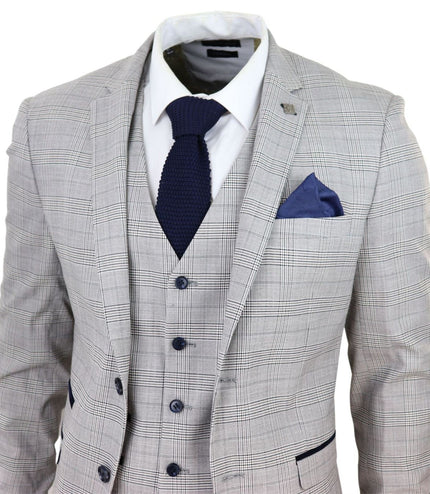 Mens Grey 3 Piece Tan Brown Check Tailored Fit Suit