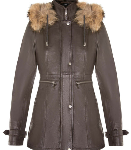 Womens Warm Leather Hooded Parka Jacket-Northwich - Brown