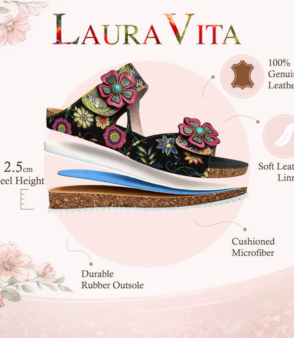 Laura Vita Women's Brcyano 32 Black Floral Leather Strappy Slipper Sandals