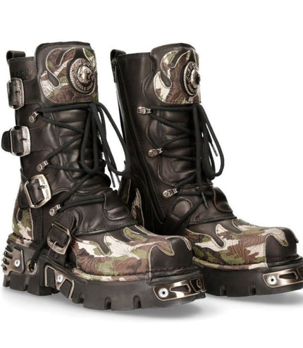 Pair of New Rock M-591-S15 camo flame leather boots standing three-quarter view