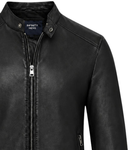 Mens Leather Black Stand Collar Cafe Racer Biker Jacket - E184