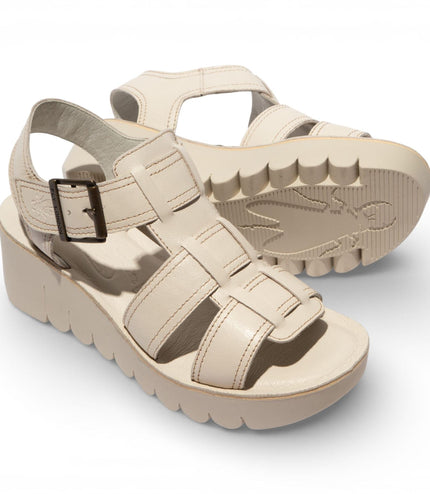 Fly London Women's YUDD236FLY Off White Leather Wedge Sandals