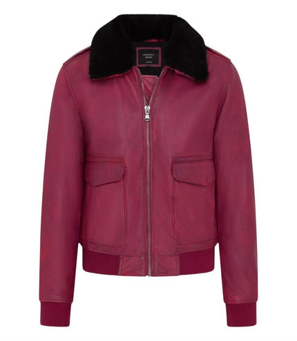 Mens Burgundy Leather Aviator Bomber Jacket - Lunar