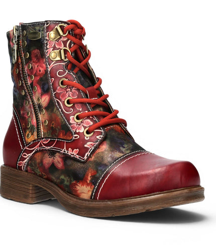 Laura Vita Women's Red Floral Victorian Leather Lace-up Ankle Boots - Anitao - 11