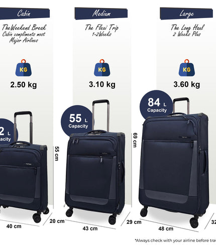 Bourne Set of 3 Soft Shell Suitcase in Navy