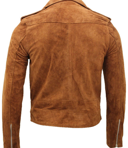 Mens Goat Suede Leather Brando Biker Jacket-Melbourne - Tan