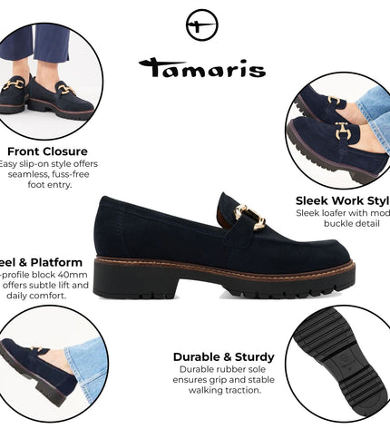 Tamaris Womens Navy Blue Leather Loafers Slip-On Platform Shoes