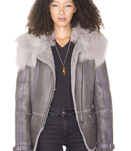 Womens Grey Toscana Shearling Flying Jacket-Teresina