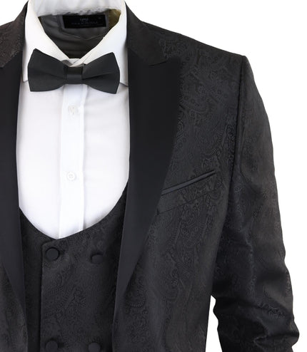 Mens Black Tuxedo Blazer Waistcoat Brocade Satin Paisley Formal Dinner Jacket