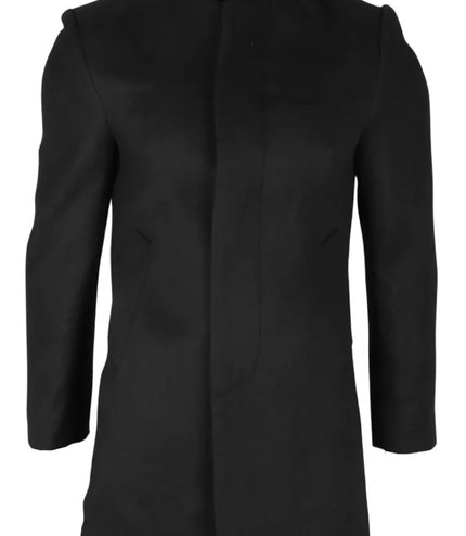 Men's Black Stand Collar Wool Blend Overcoat