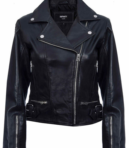 Womens Leather Biker Jacket-Stockholm - Black