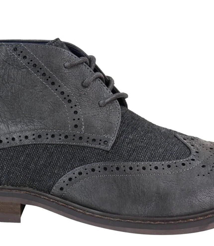 Mens Classic Tweed Oxford Brogue Ankle Boots In Grey Leather