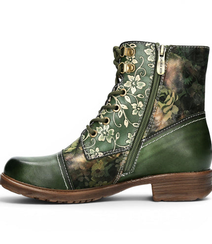 Laura Vita Women's Green Floral Victorian Leather Lace-up Ankle Boots - Anitao - 11