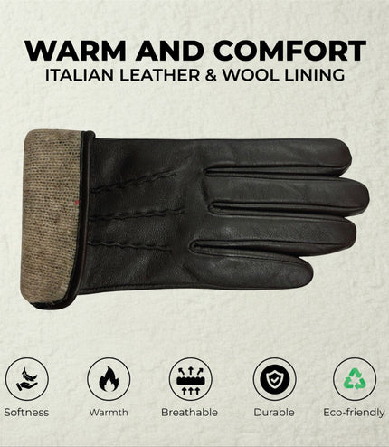 Womens Brown Italian Leather Winter Stitch Line Design Soft Wool Lining Gloves - L-GLV-301