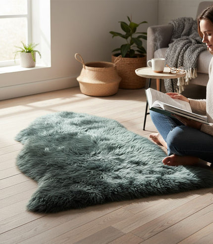 Genuine Thyme Green Sheepskin Natural Silky Soft Fluffy Real Wool Rug