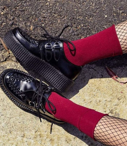 TUK Viva High Creeper Black Leather Platform Lace-Up Goth Shoes - AV6802