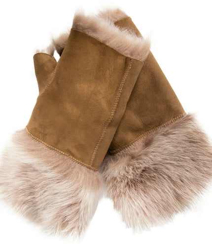 Womens Shearling  Mittens Fingerless Cuffs Toscana Suede Sheepskin Fur - Beaver