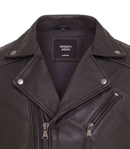 Mens Slim Fit Brando Style Double Cross Zip 100% Leather Biker Jacket - Black