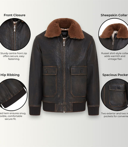 Men's Brown Leather Bomber Sheepskin Collar G-1 Pilot Jacket - Trick