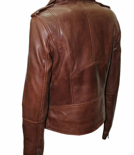 Womens Chestnut Leather Biker Jacket-Reynosa