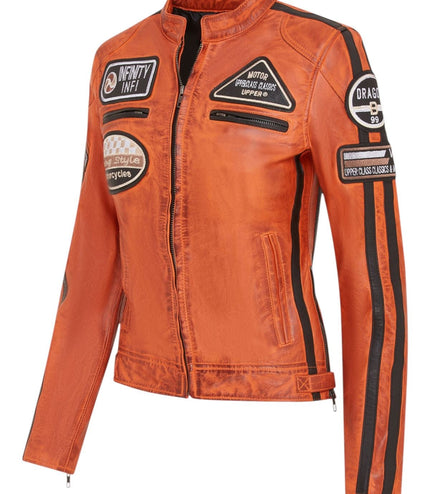 Womens Biker Racing Badges Leather Jacket-Eastleigh - Orange