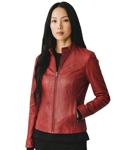 Womens Red Leather Stand Collar Racer Biker Jacket - 181