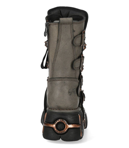New Rock Grey Brown Leather Gothic Mid-Calf Biker Boots - M-373XL-C119