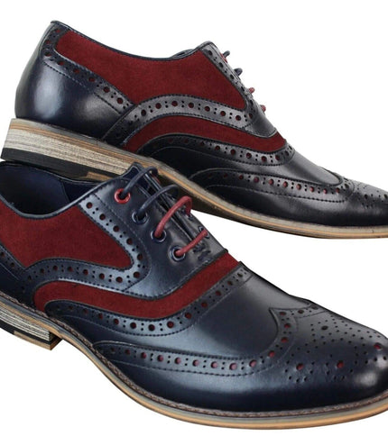 Mens Classic Burgundy Suede Oxford Brogue Shoes In Navy Leather