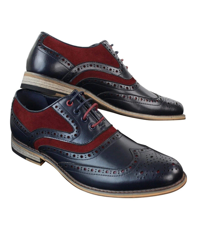 Mens Classic Burgundy Suede Oxford Brogue Shoes In Navy Leather