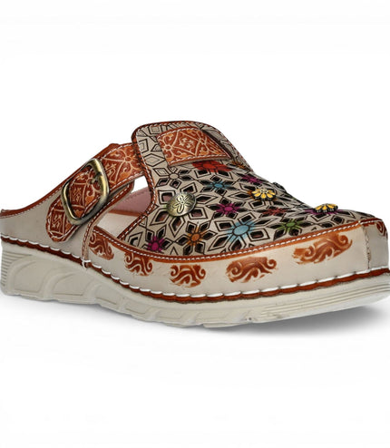 Laura Vita Women's Dorry 01 Floral Beige Leather Wedge Slipper Sandals