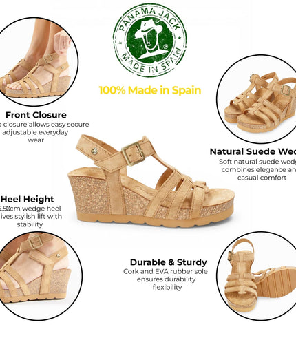 Panama Jack Women's Wedge Heel Bark Brown Suede Leather Sandals - Vero B1